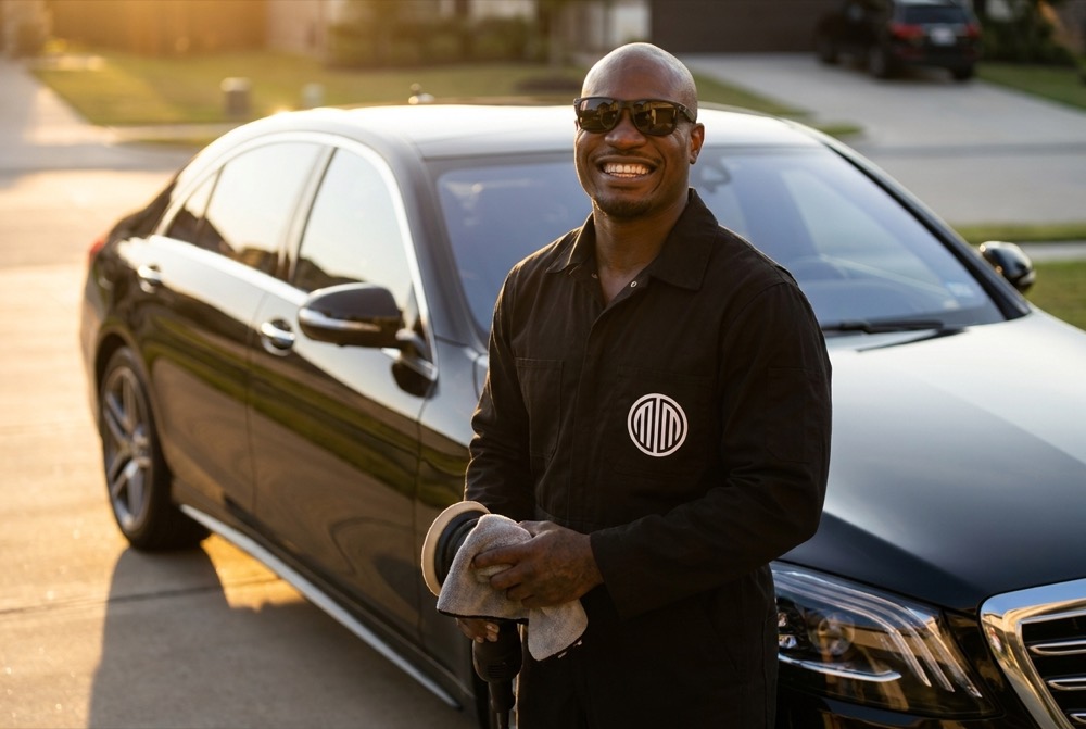 Dwayne Metts Jr., owner of MettsMotion, in uniform with a polisher in front of a freshly detailed black sedan