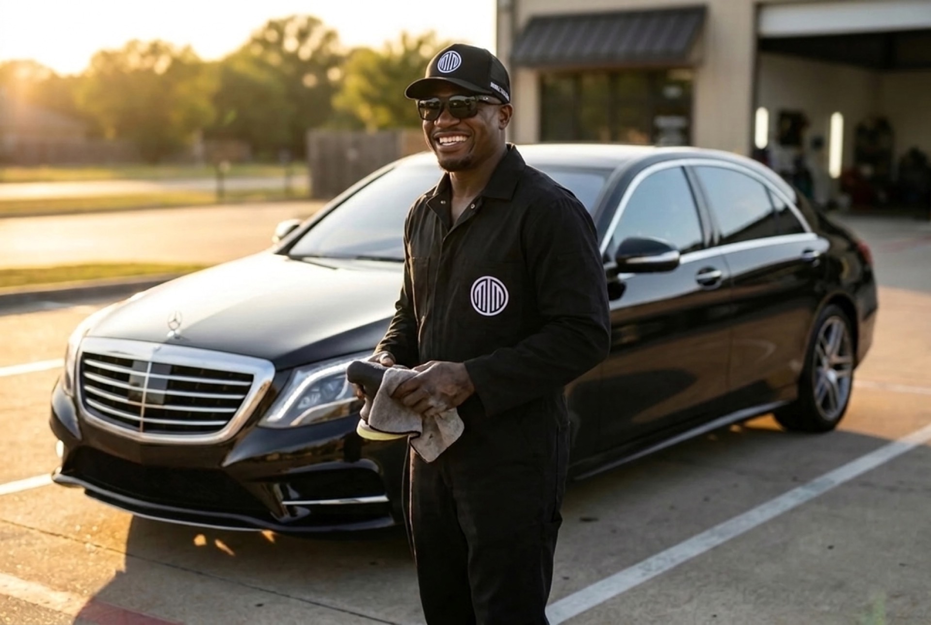 Dwayne Metts Jr. of MettsMotion beside a freshly detailed black luxury car at golden hour
